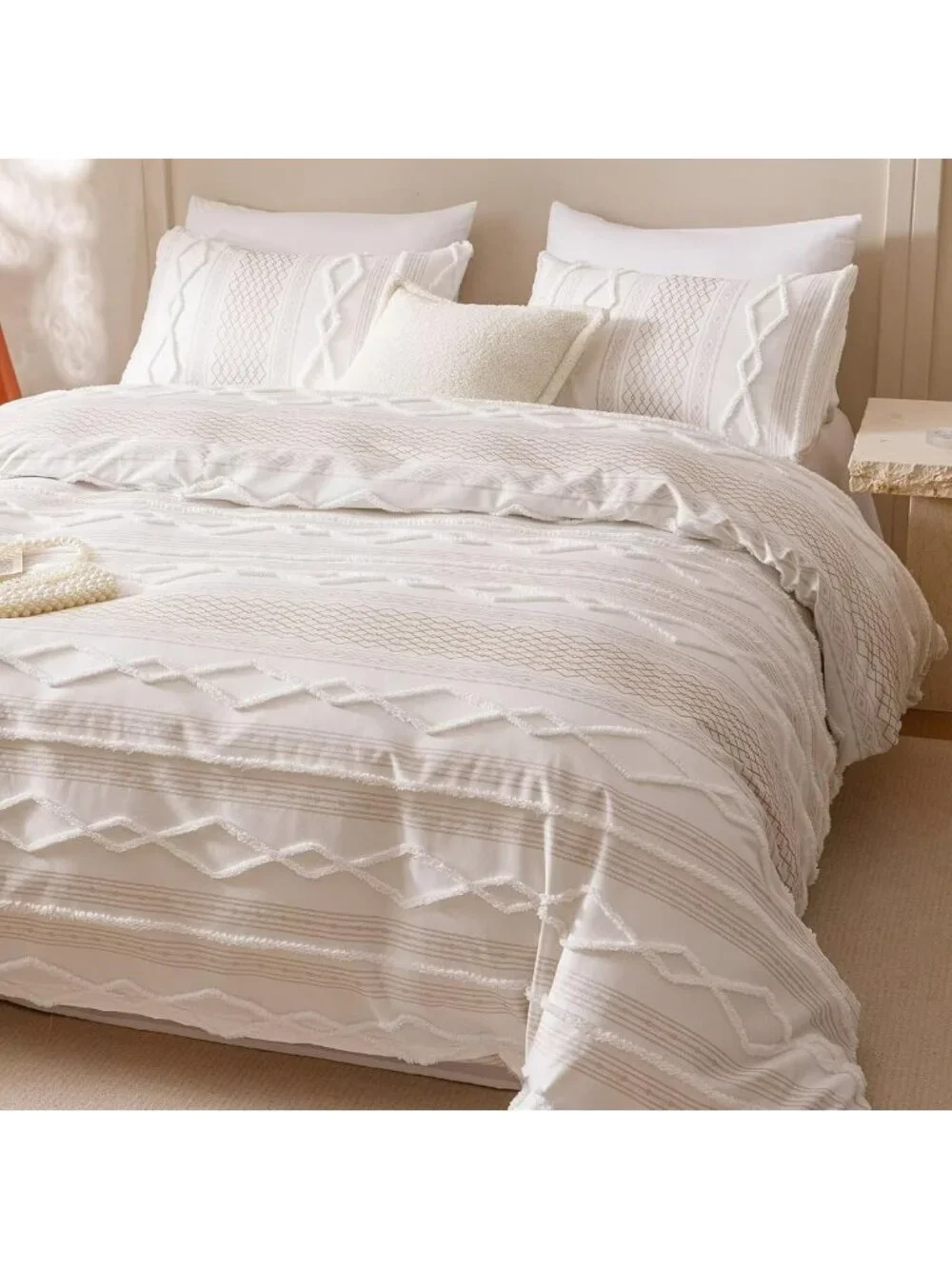 Queen White Boho Comforter Set - Soft Tufted Bedding, Rustic Chic 3PCS Quilt